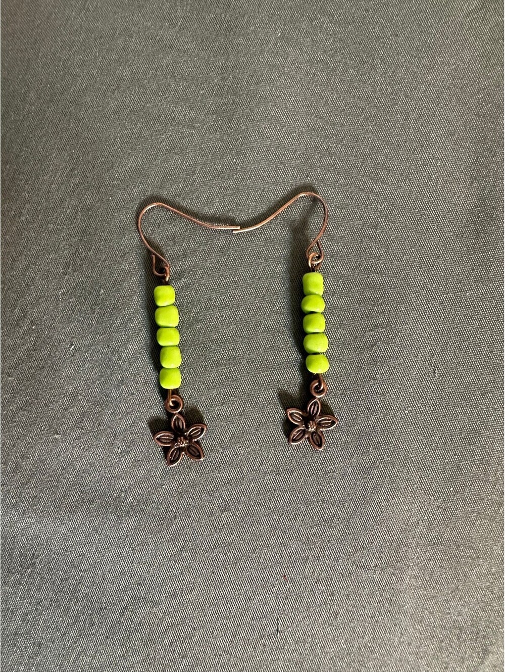 Copper Colored Green Bead Flower Dangle Earrings